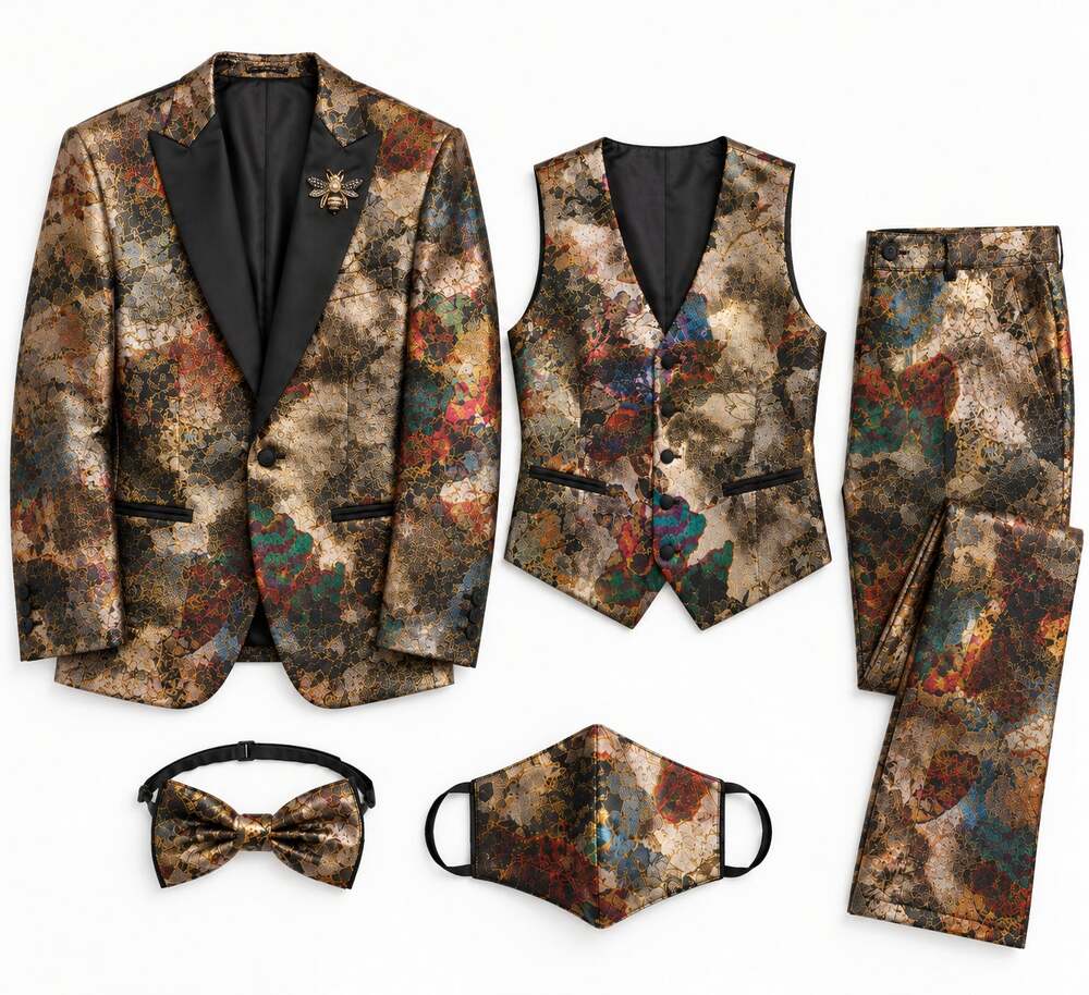 Giovanni Testi Metallic Brocade 5-Piece Tuxedo Suit 40R Whimsigoth Dark Romance